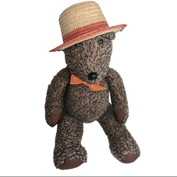 Vintage Handmade Teddy Bear | 30" Tall Curly Heather Brown Plush with Bow - Picture 3 of 11